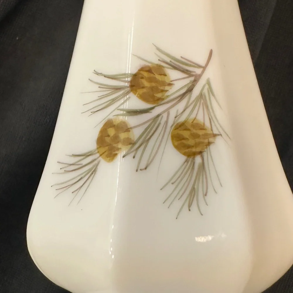 Hand painted Vintage Fenton milk glass swung vase red Cardinal & pinecones Xmas